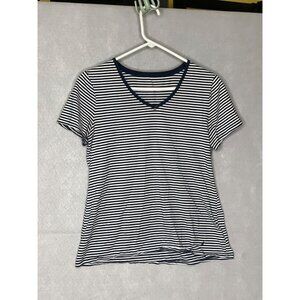 Nautica Womens Striped V Neck T Shirt Navy White Large Cotton Blend Casual Top